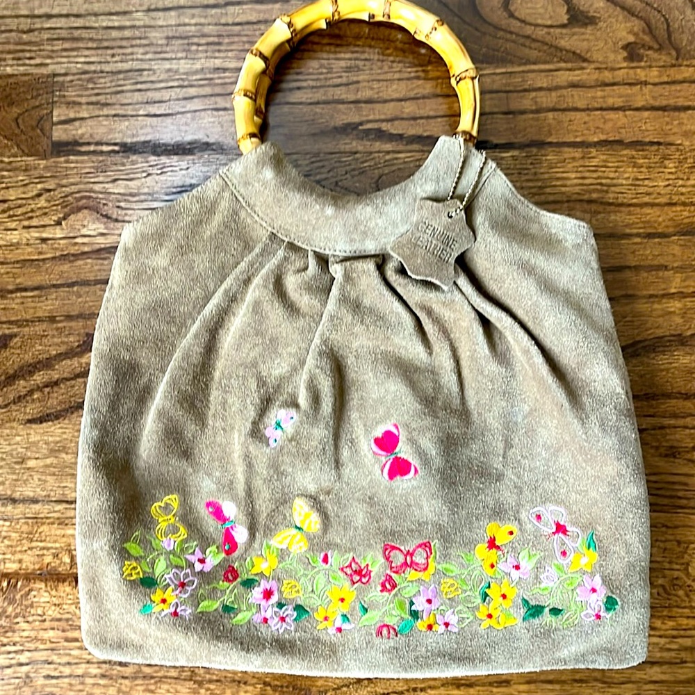 Lord & Taylor Suede Embroidered Handbag with bamboo handles